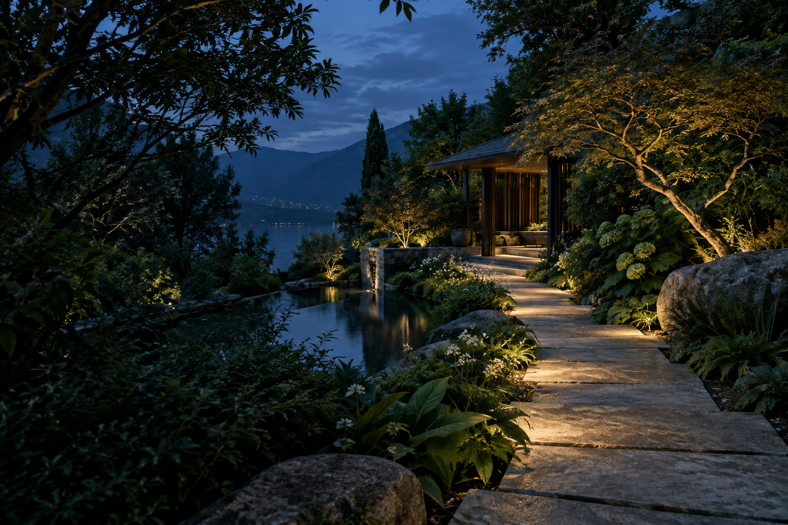 An illuminated stone garden path leading through dense planting to a quiet pavilion at blue hour