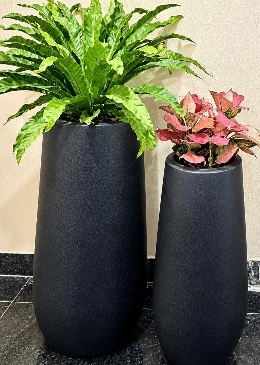 A coordinated pair of black planters with fern and pink foliage