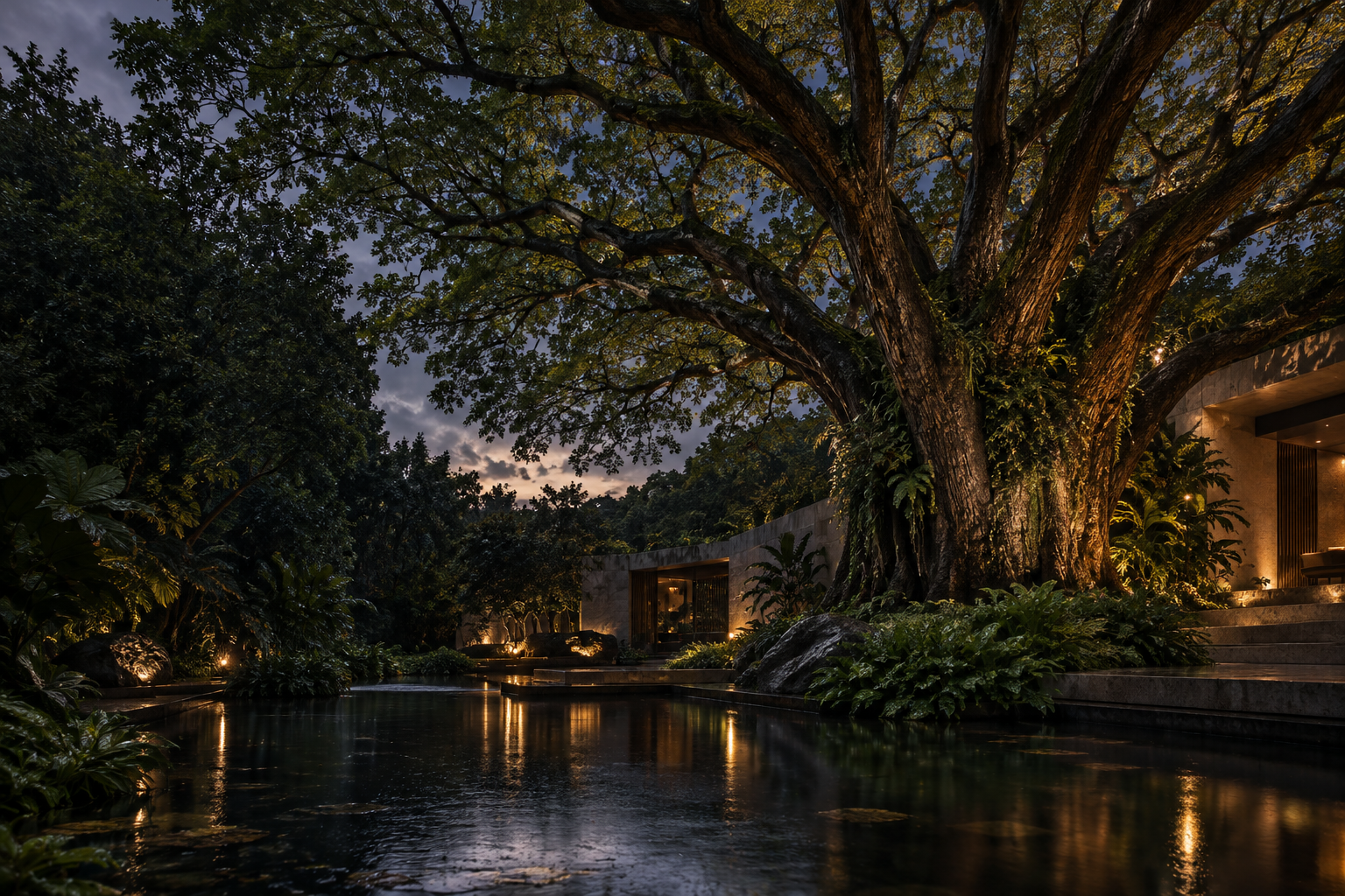 A monumental mature rain tree beside dark reflective water after monsoon rain