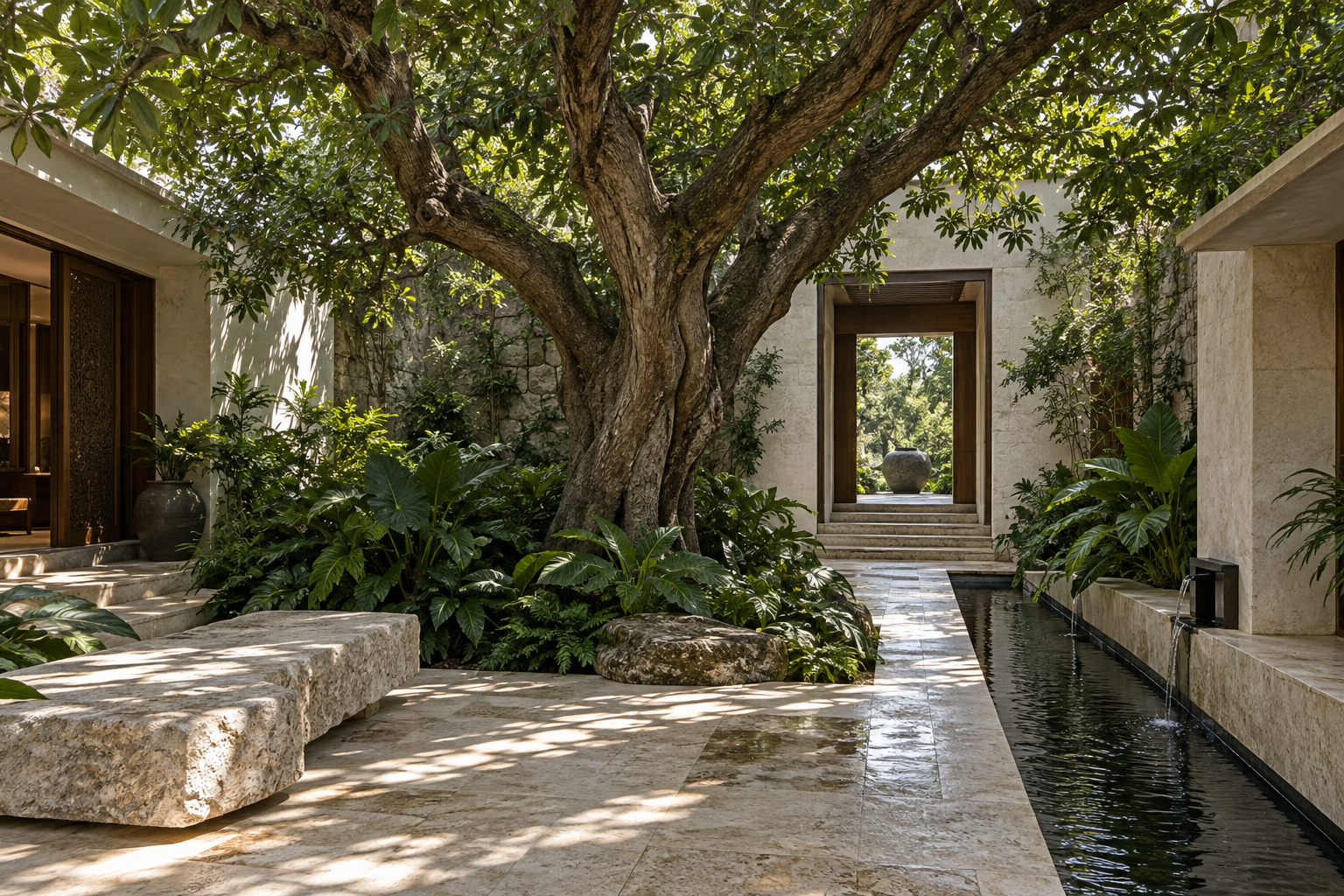 A mature tree rising through a limestone courtyard with dense planting and a narrow water rill