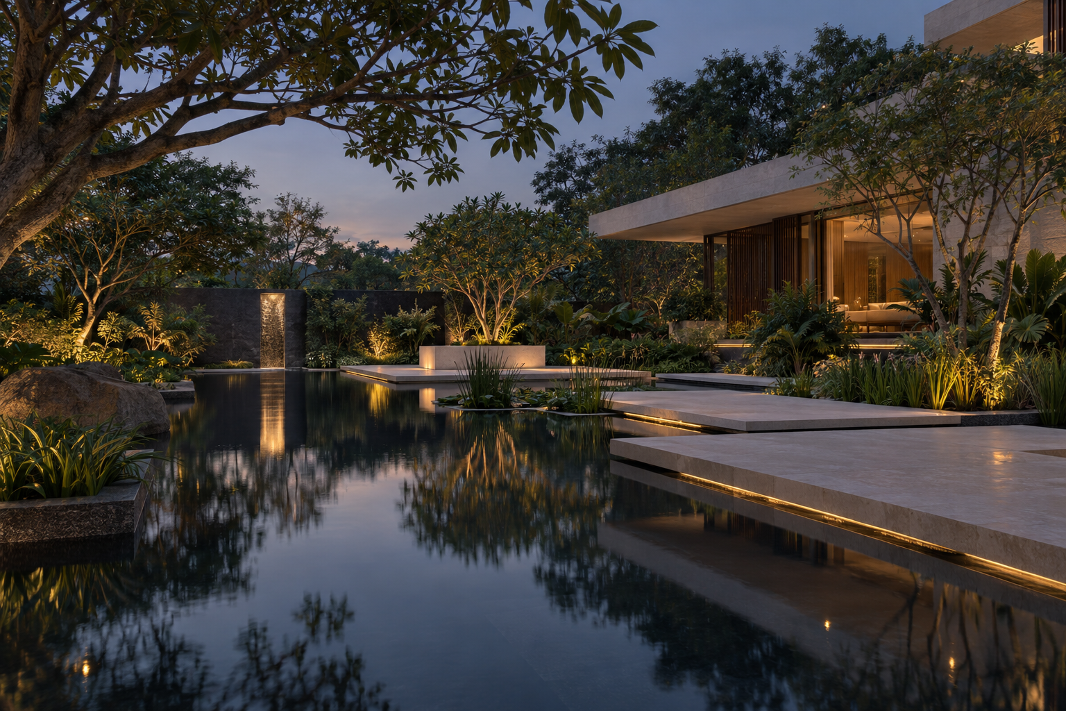 A contemporary residence set within a reflective water garden and layered planting at dusk
