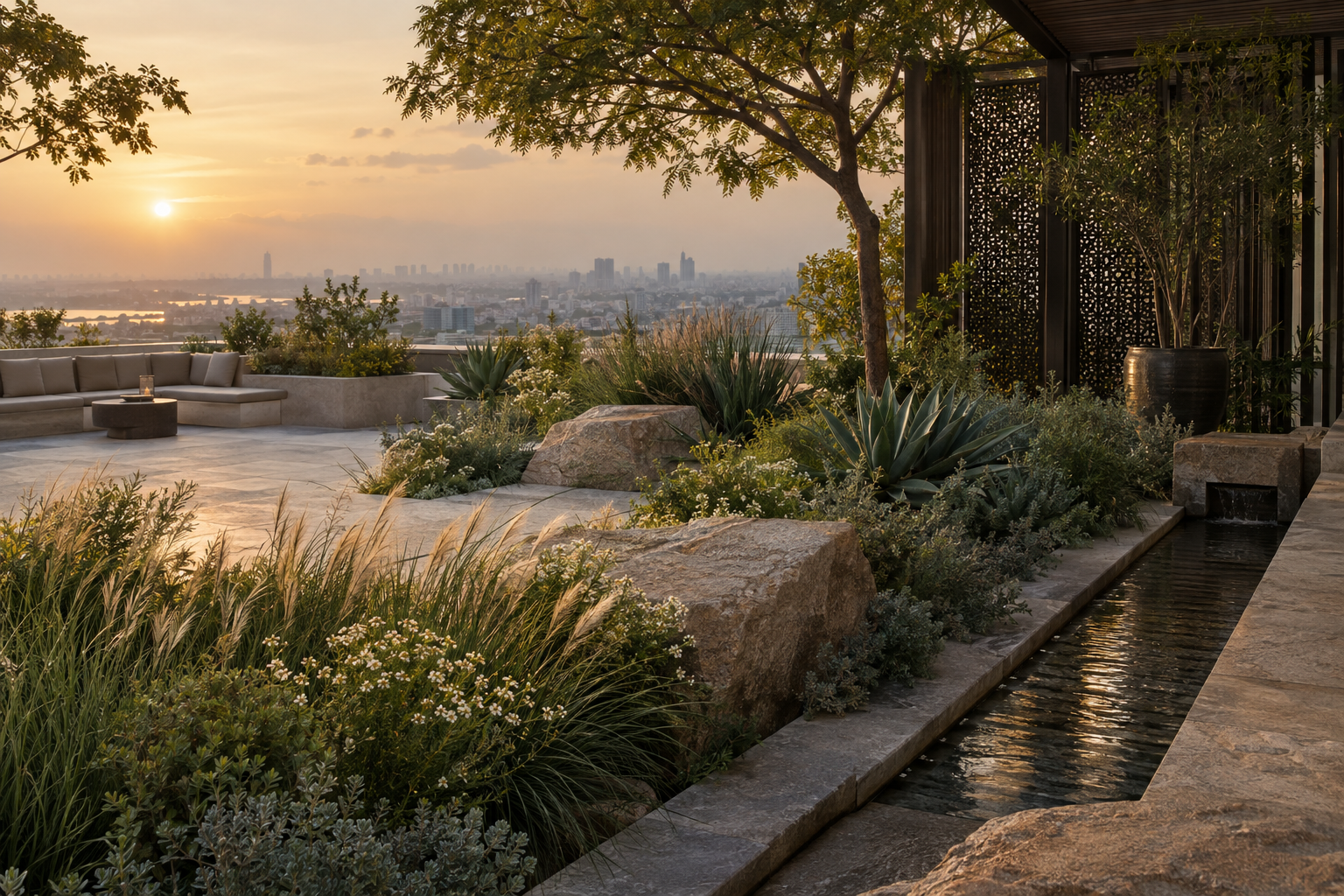 A layered rooftop garden with stone, meadow planting and a water channel overlooking the city at sunset