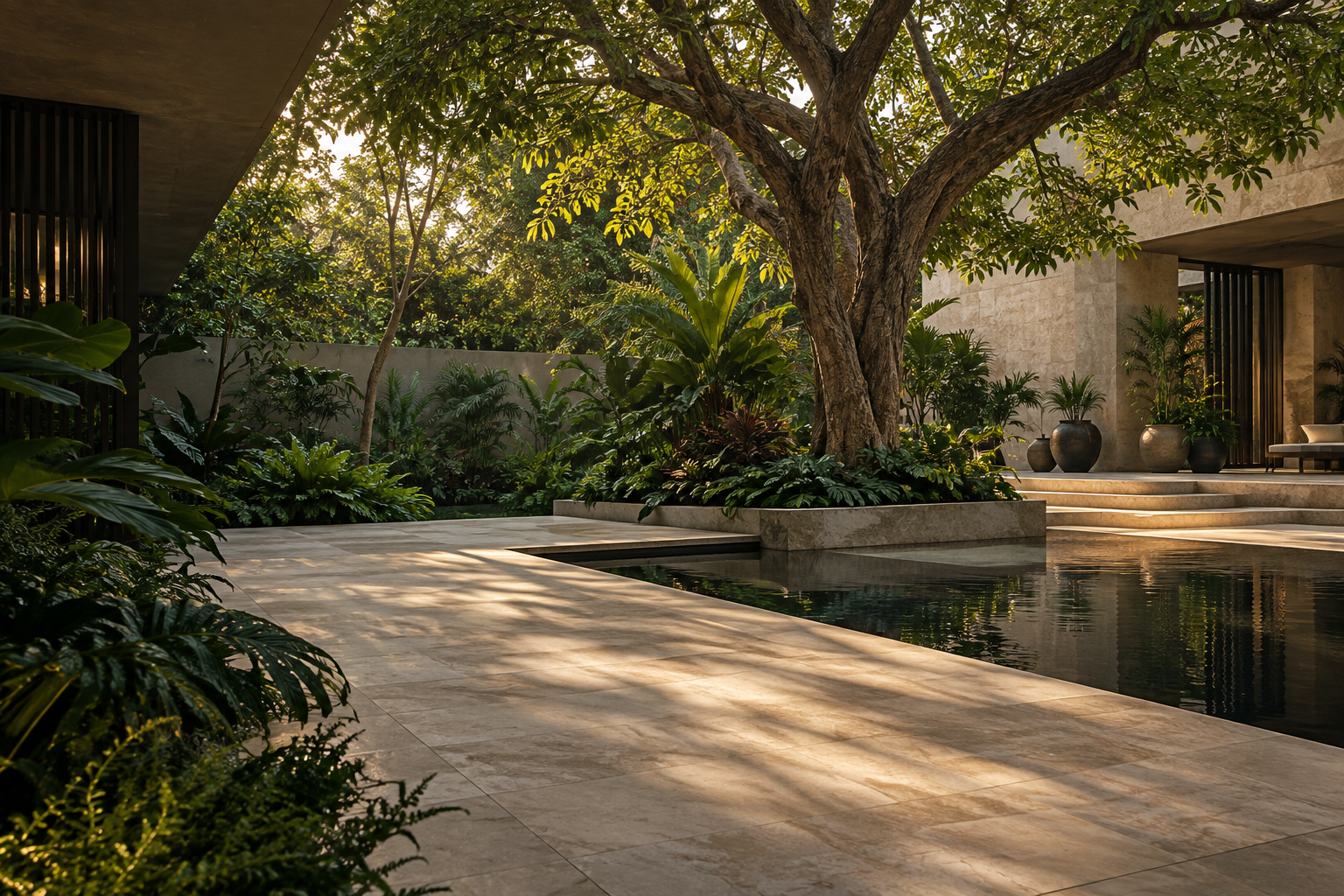 A sculptural mature tree anchoring a limestone courtyard with layered planting and reflective water