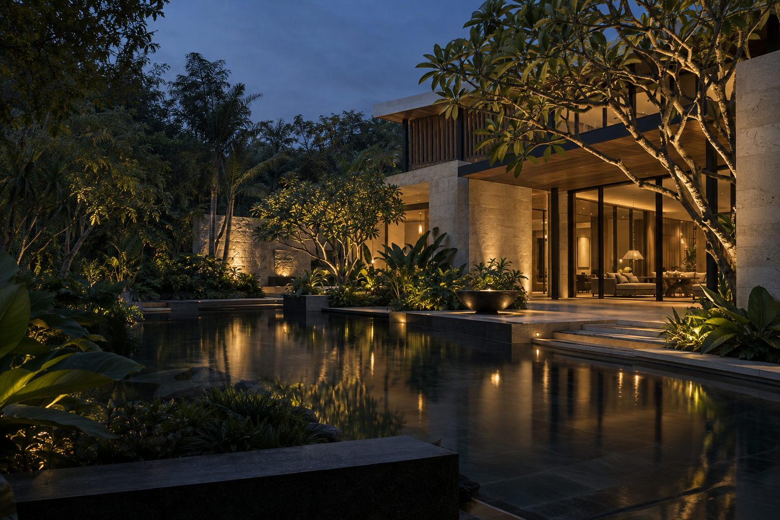 A contemporary home and layered tropical landscape reflected in water at blue hour