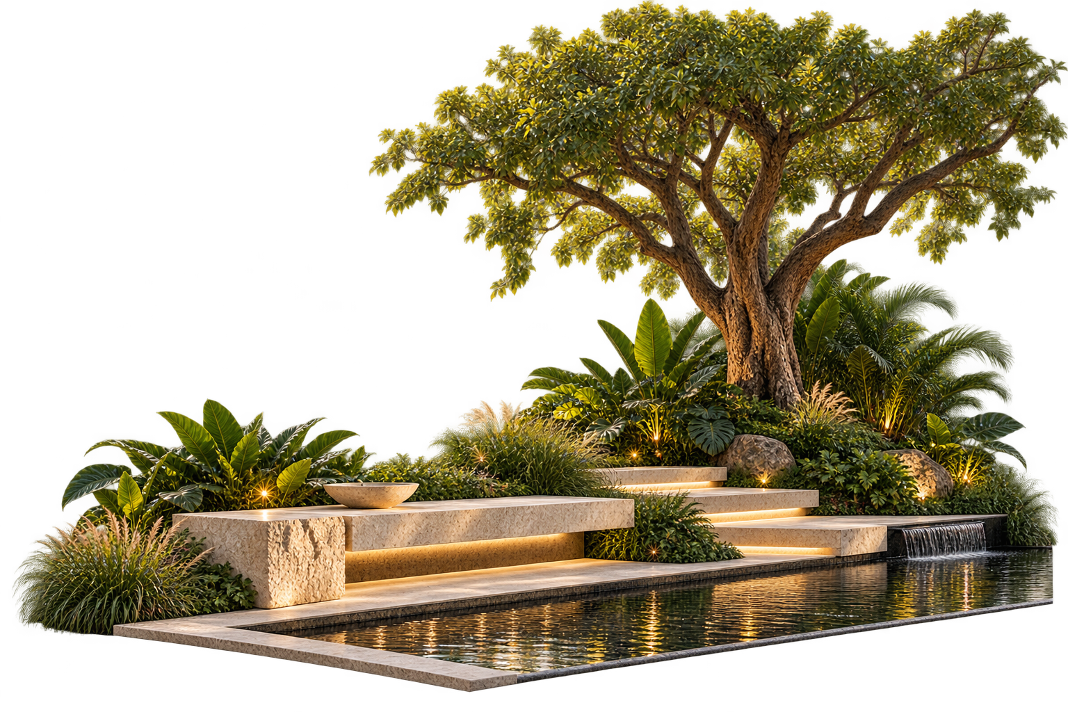 A composed landscape vignette with a mature tree, layered tropical planting, limestone seating, illuminated steps and a reflecting pool