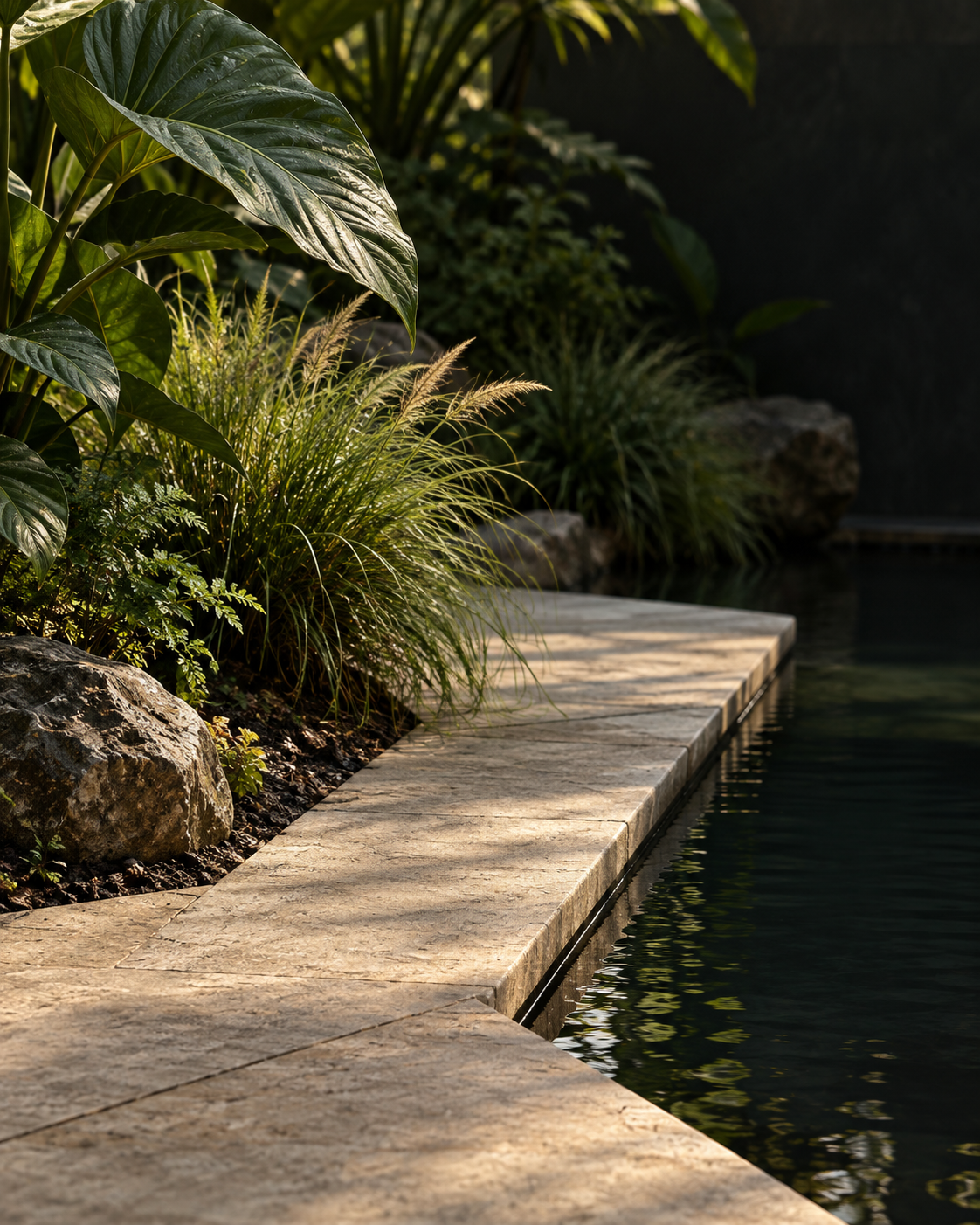 Close detail of natural stone, planting and water in a Sequoia landscape